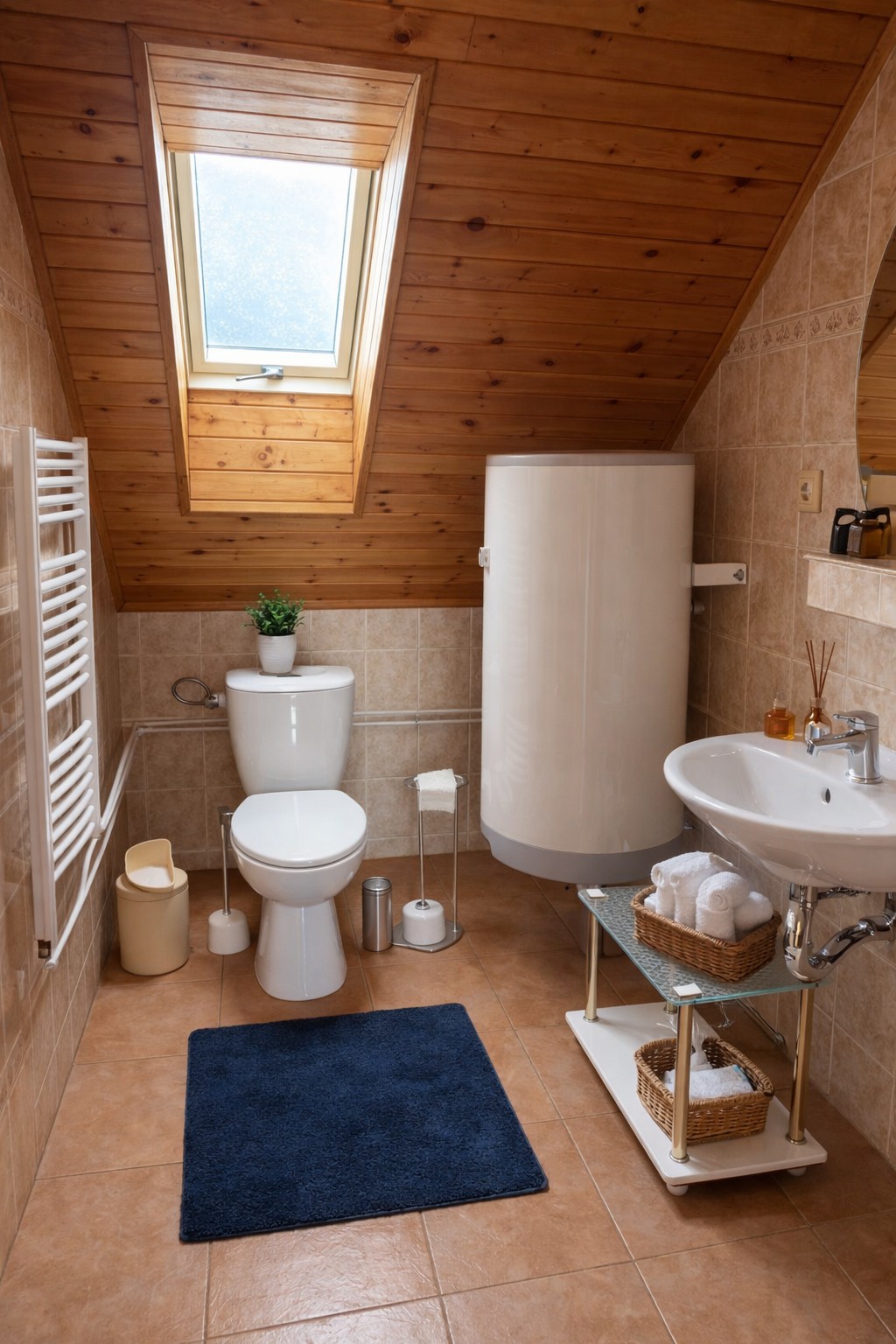 Koupelna se sprchou, WC a umyvadlem.